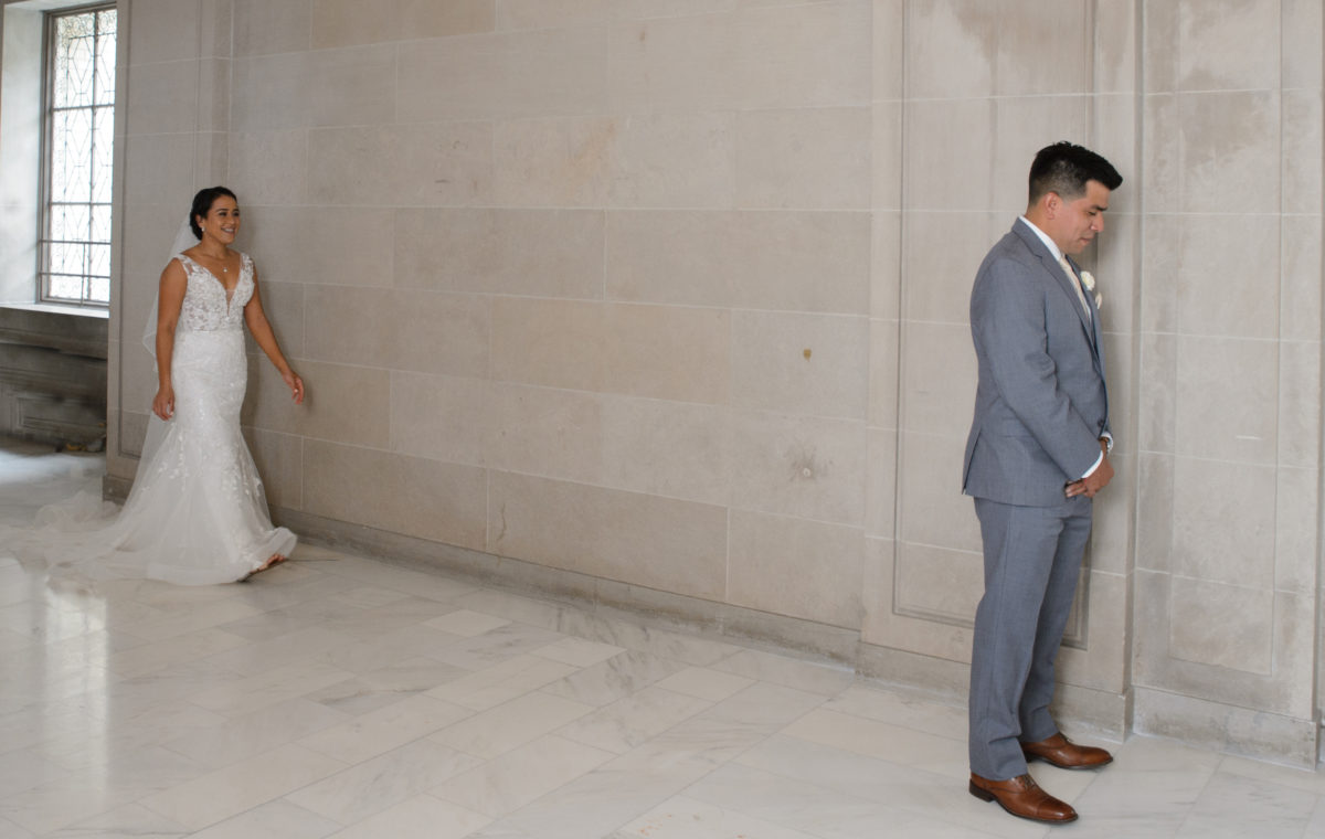 Bride walking up to the groom for Reveal